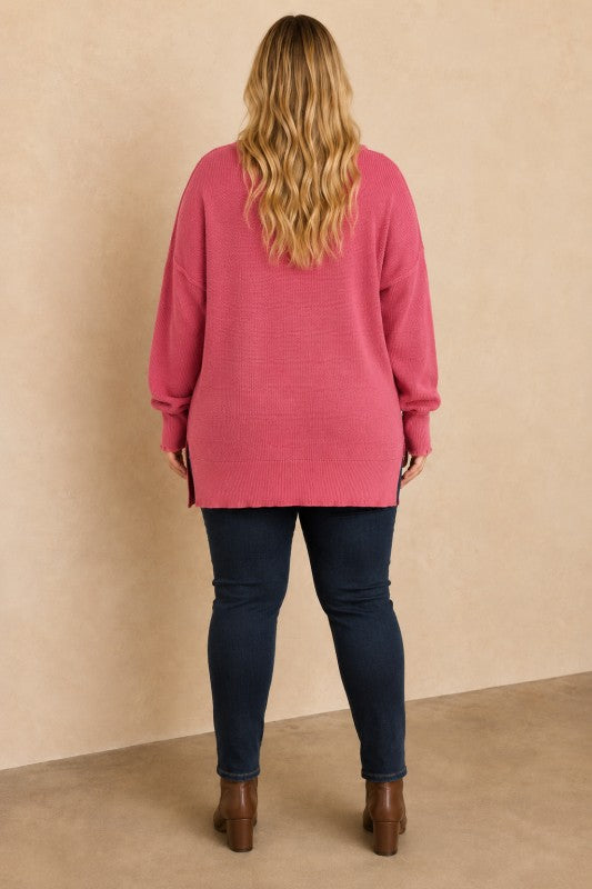 Plus Size Frayed-Edge Pocket Tunic Sweater