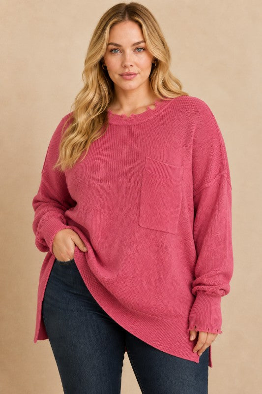 Plus Size Frayed-Edge Pocket Tunic Sweater