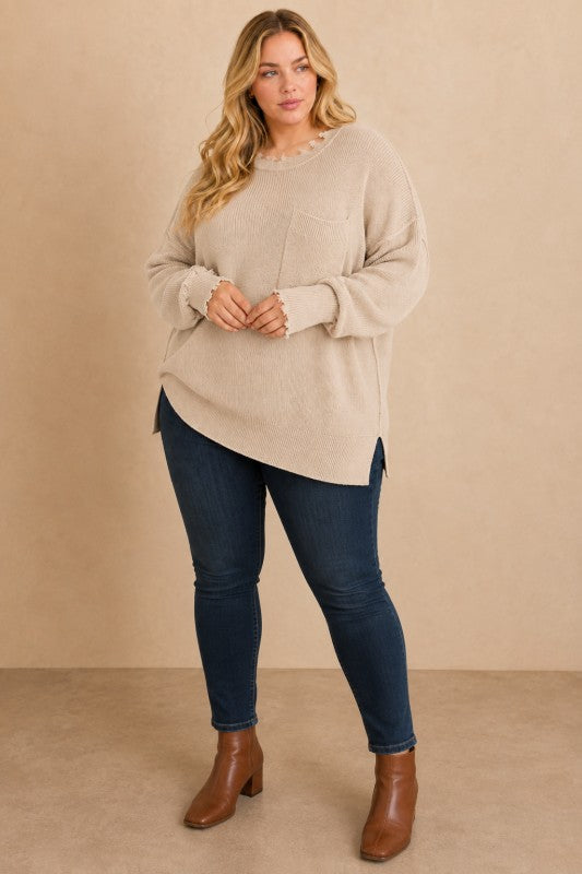 Plus Size Frayed-Edge Pocket Tunic Sweater