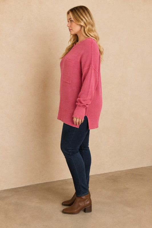 Plus Size Frayed-Edge Pocket Tunic Sweater