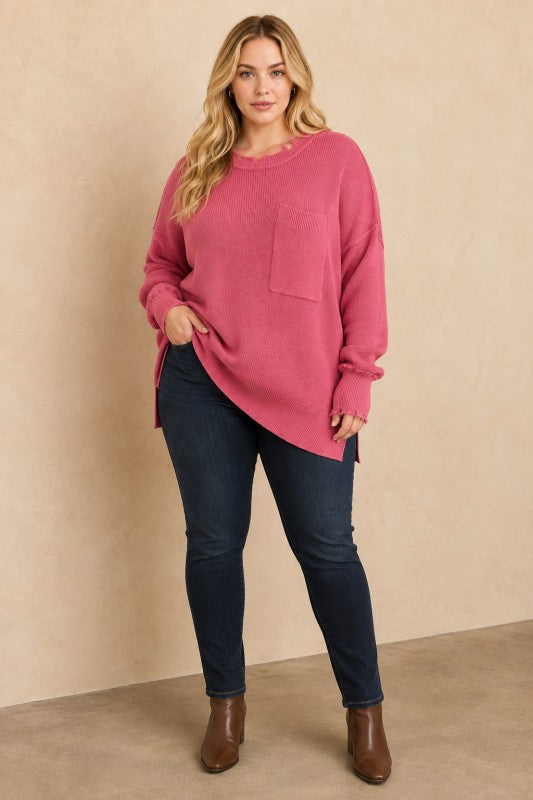 Plus Size Frayed-Edge Pocket Tunic Sweater