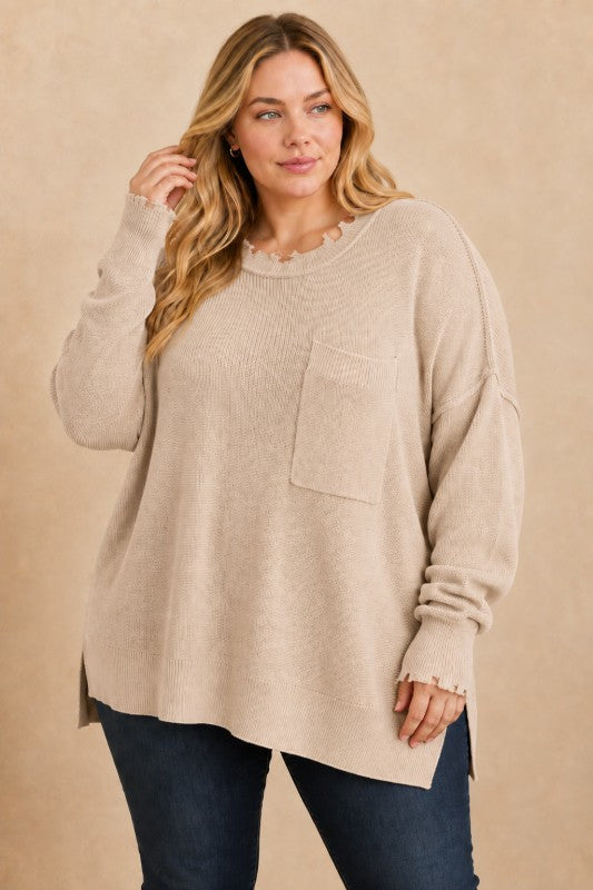 Plus Size Frayed-Edge Pocket Tunic Sweater