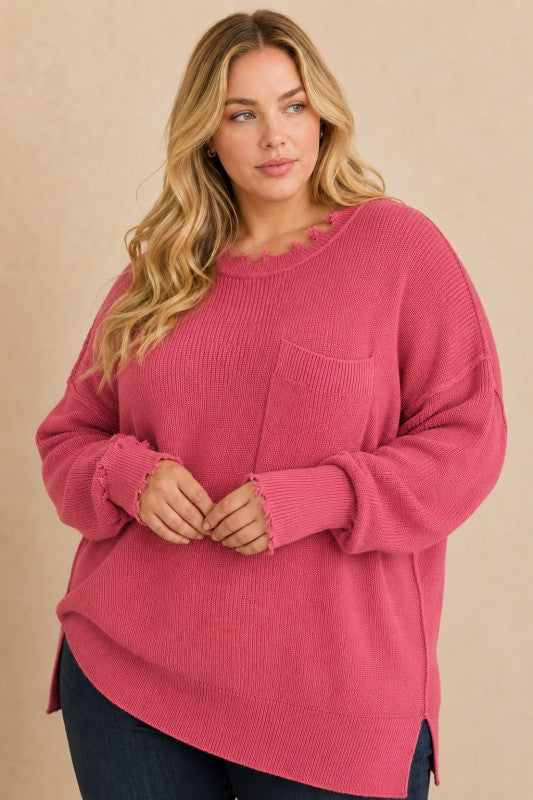 Plus Size Frayed-Edge Pocket Tunic Sweater
