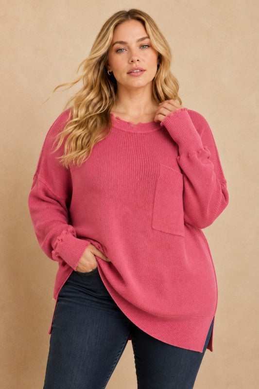Plus Size Frayed-Edge Pocket Tunic Sweater