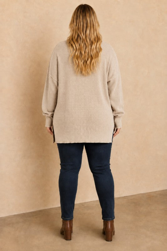 Plus Size Frayed-Edge Pocket Tunic Sweater