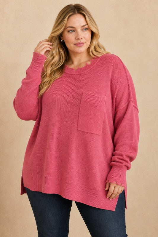 Plus Size Frayed-Edge Pocket Tunic Sweater