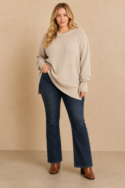 Plus Size Frayed-Edge Pocket Tunic Sweater