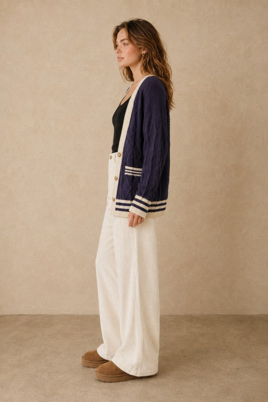Cable-Knit Varsity Stripe Cardigan
