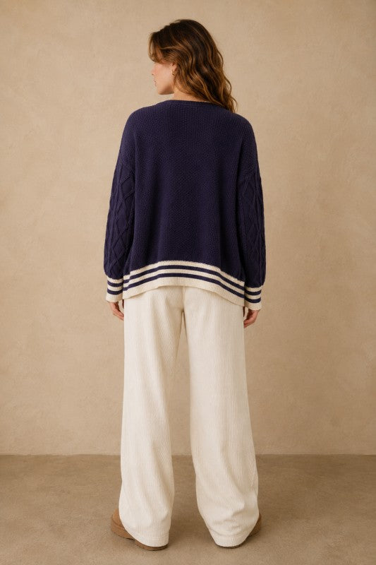 Cable-Knit Varsity Stripe Cardigan