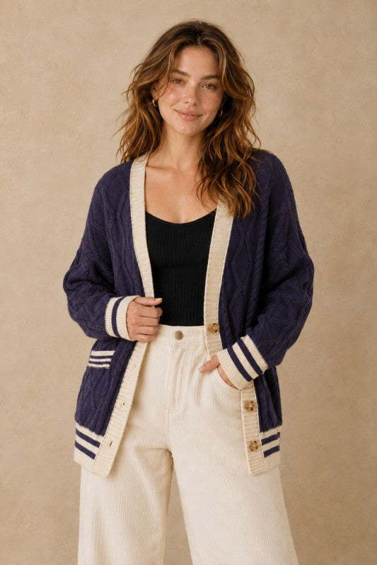 Cable-Knit Varsity Stripe Cardigan