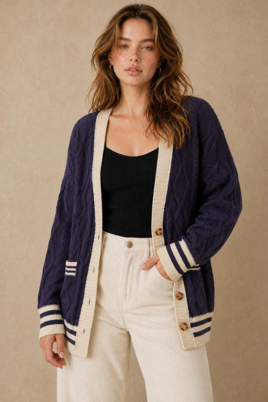 Cable-Knit Varsity Stripe Cardigan