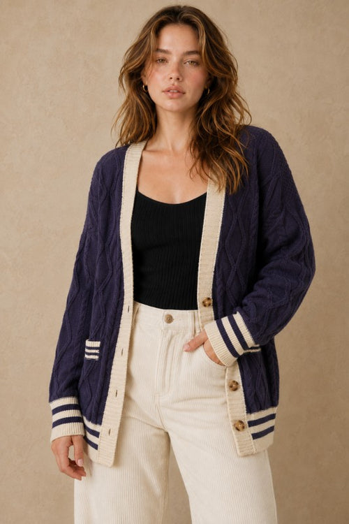 Cable-Knit Varsity Stripe Cardigan