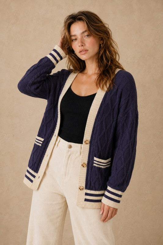 Cable-Knit Varsity Stripe Cardigan
