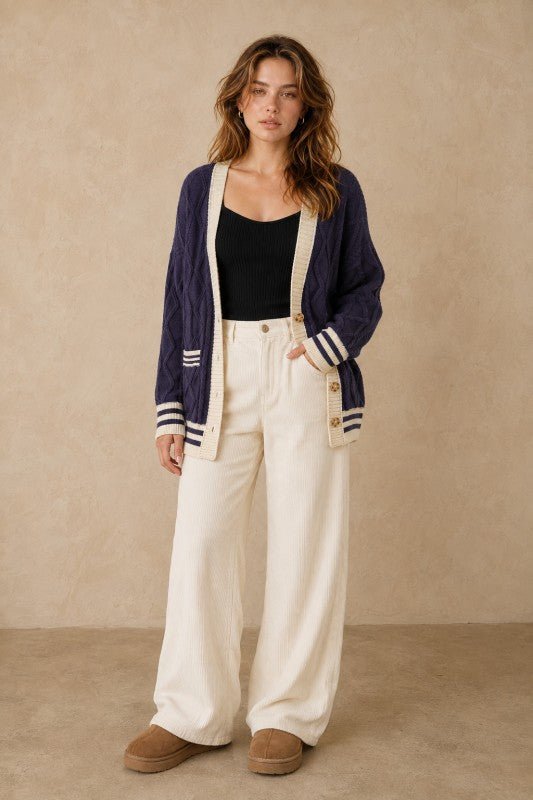 Cable-Knit Varsity Stripe Cardigan