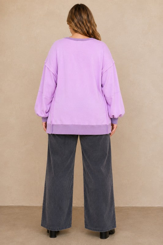 Plus Size Raw-Edge Slit-Sleeve Pullover