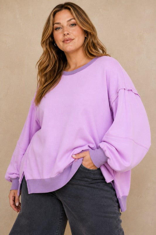 Plus Size Raw-Edge Slit-Sleeve Pullover
