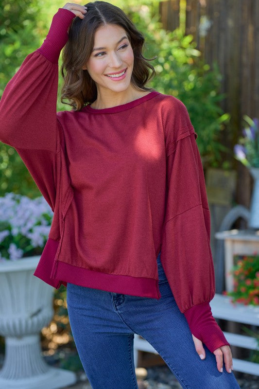 Plus Size Raw-Edge Slit-Sleeve Pullover