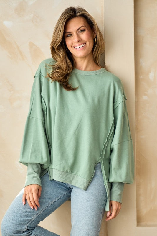 Plus Size Raw-Edge Slit-Sleeve Pullover