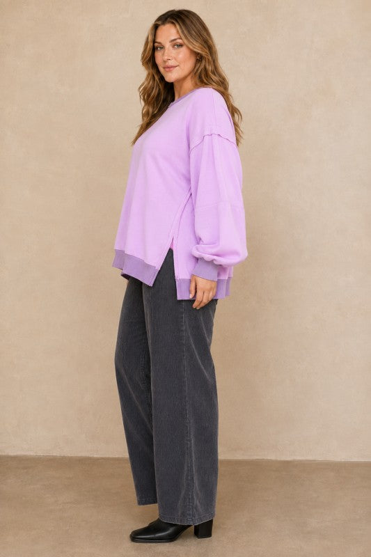 Plus Size Raw-Edge Slit-Sleeve Pullover