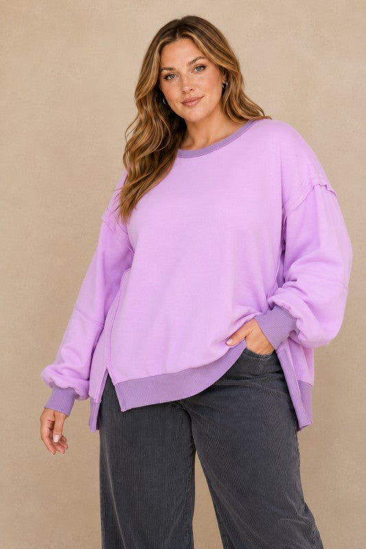 Plus Size Raw-Edge Slit-Sleeve Pullover