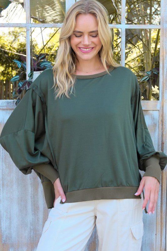 Plus Size Raw-Edge Slit-Sleeve Pullover