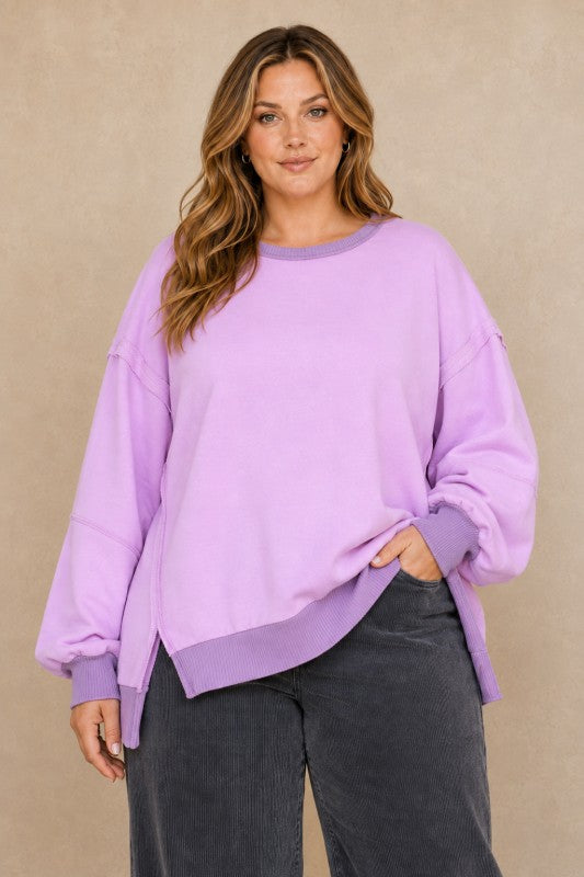 Plus Size Raw-Edge Slit-Sleeve Pullover