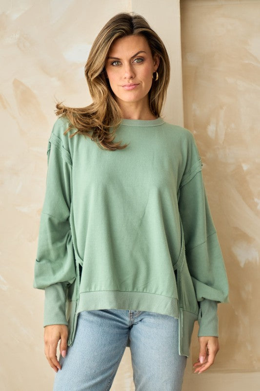 Plus Size Raw-Edge Slit-Sleeve Pullover