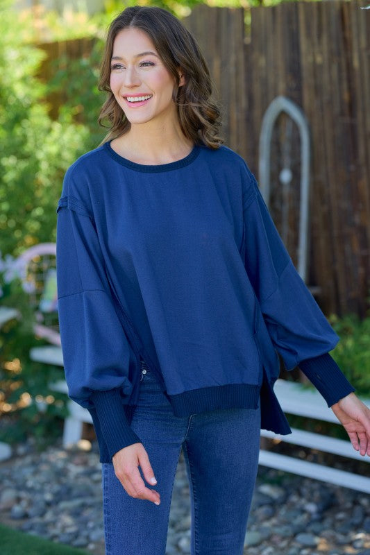 Plus Size Raw-Edge Slit-Sleeve Pullover