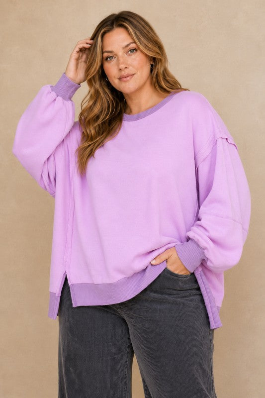 Plus Size Raw-Edge Slit-Sleeve Pullover