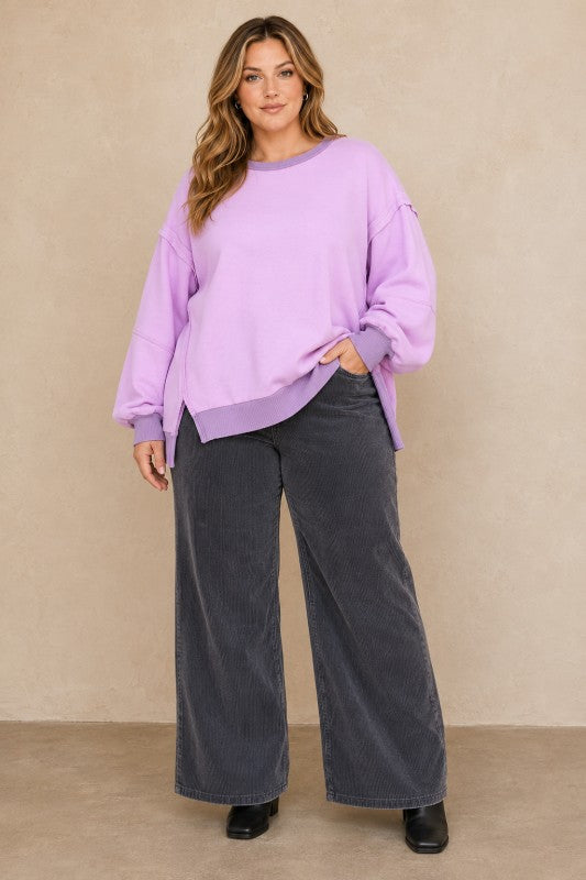 Plus Size Raw-Edge Slit-Sleeve Pullover