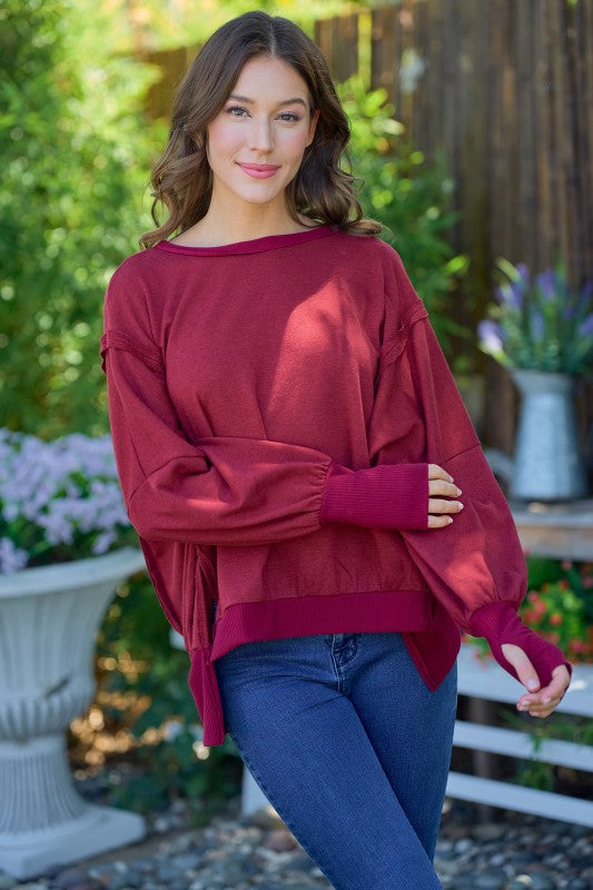 Plus Size Raw-Edge Slit-Sleeve Pullover