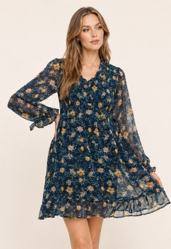Floral Smocked-Waist Ruffle Mini Dress