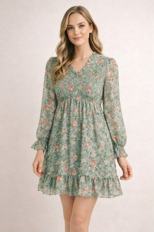Floral Smocked-Waist Ruffle Mini Dress