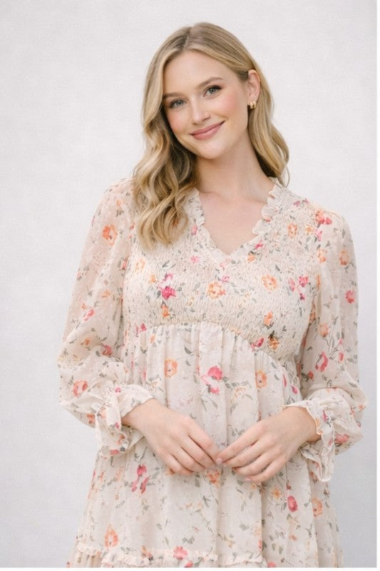 Floral Smocked-Waist Ruffle Mini Dress