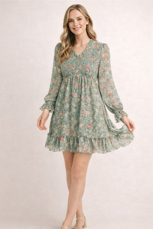 Floral Smocked-Waist Ruffle Mini Dress