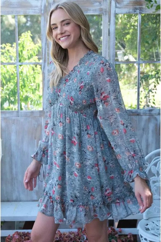 Floral Smocked-Waist Ruffle Mini Dress