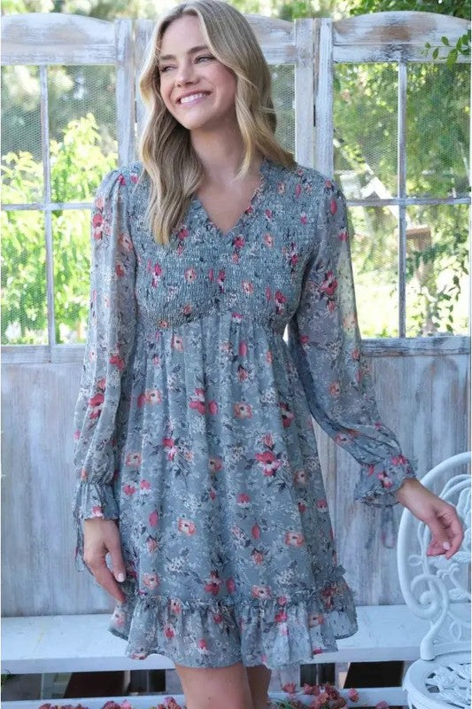 Floral Smocked-Waist Ruffle Mini Dress