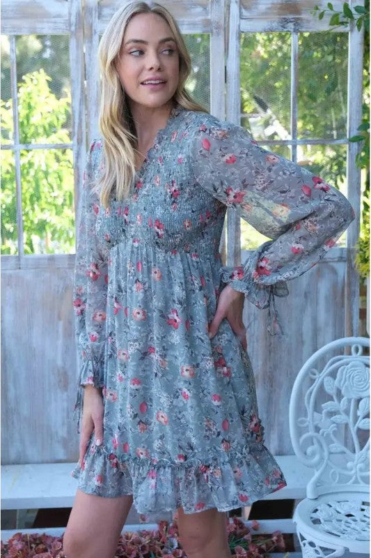 Floral Smocked-Waist Ruffle Mini Dress