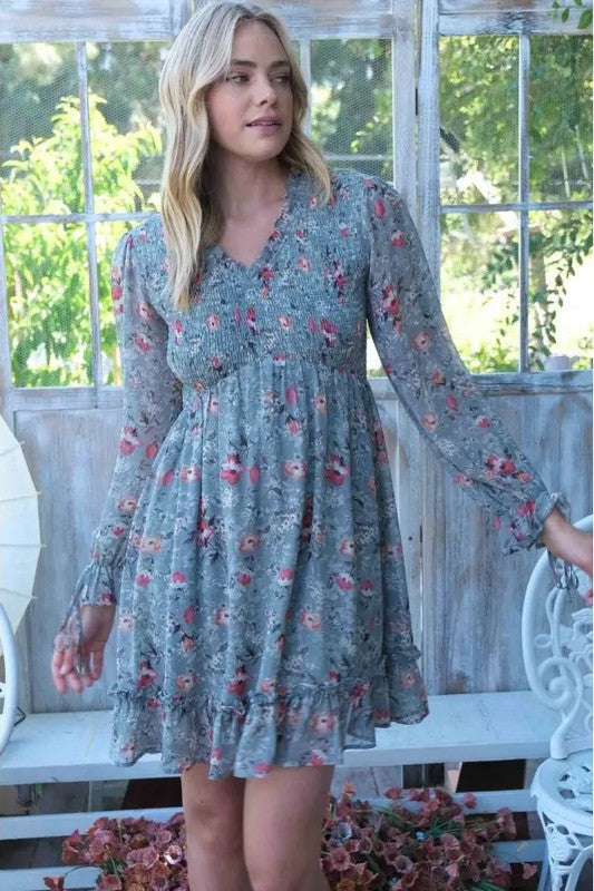 Floral Smocked-Waist Ruffle Mini Dress