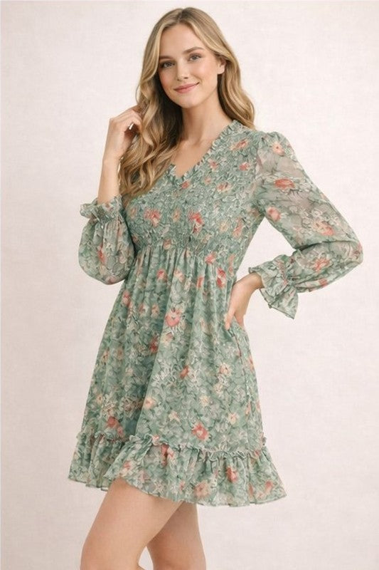 Floral Smocked-Waist Ruffle Mini Dress