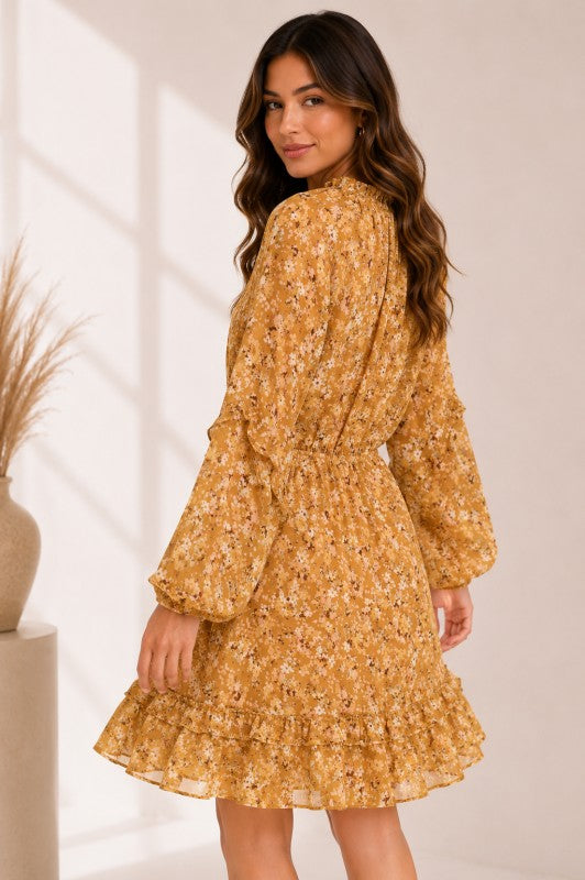 Floral Ruffle Long-Sleeve Midi Dress