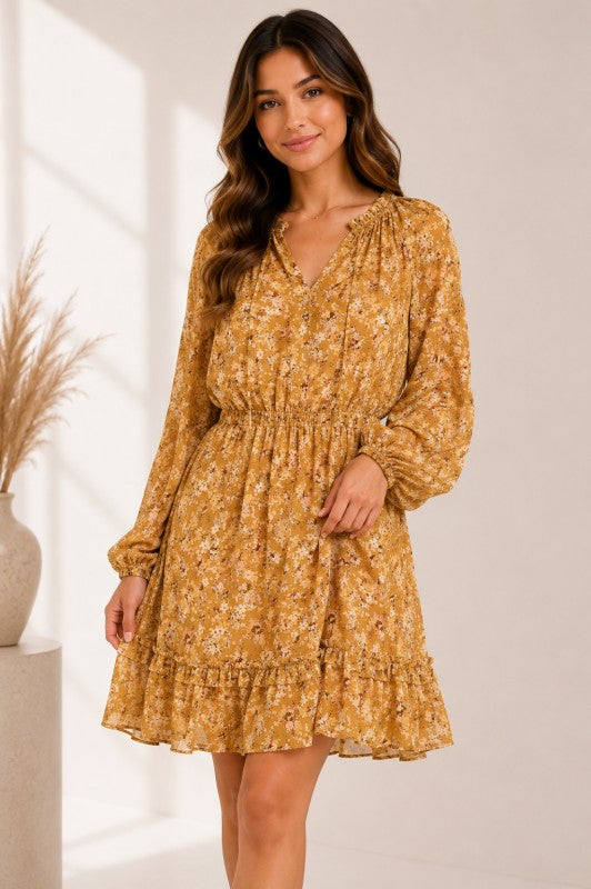 Floral Ruffle Long-Sleeve Midi Dress
