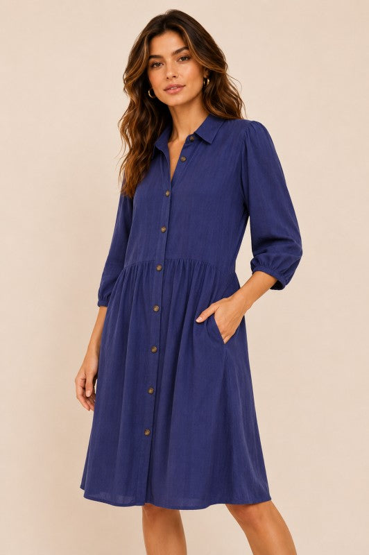 Textured Linen-Blend Button-Down Shirt Dress - Burgundy