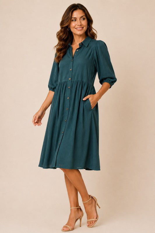 Textured Linen-Blend Button-Down Shirt Dress - Hunter Green
