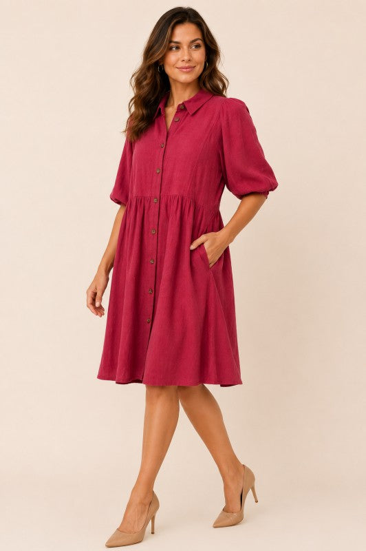 Textured Linen-Blend Button-Down Shirt Dress - Dark Blue