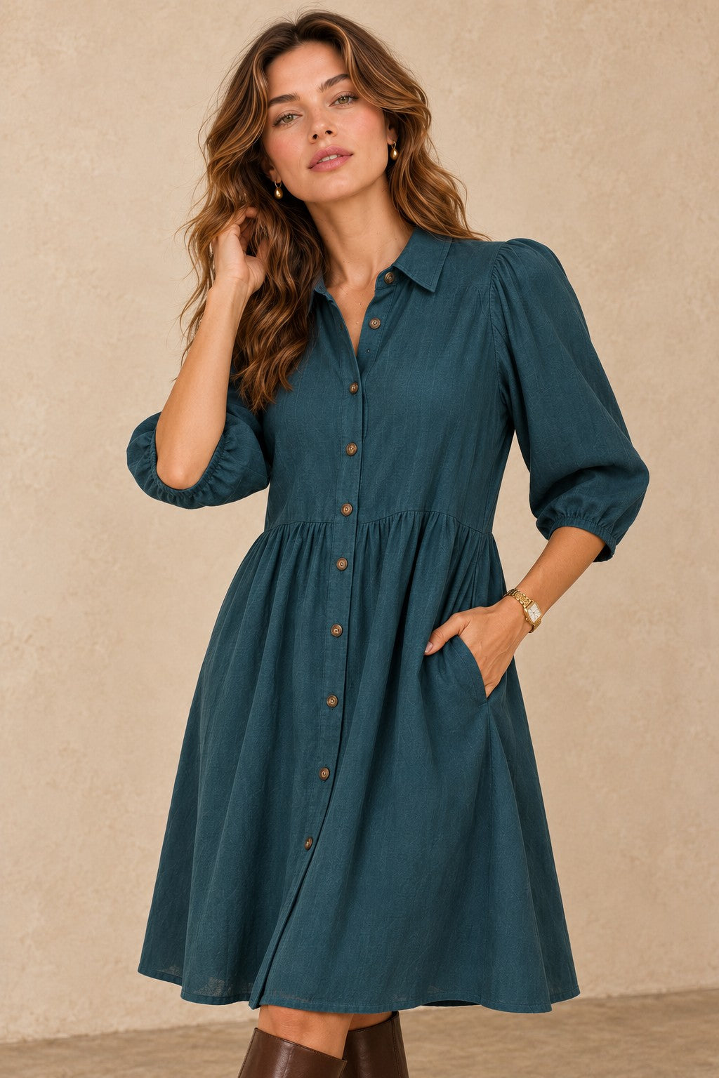 Textured Linen-Blend Button-Down Shirt Dress