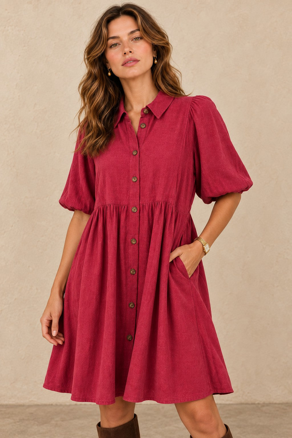 Textured Linen-Blend Button-Down Shirt Dress