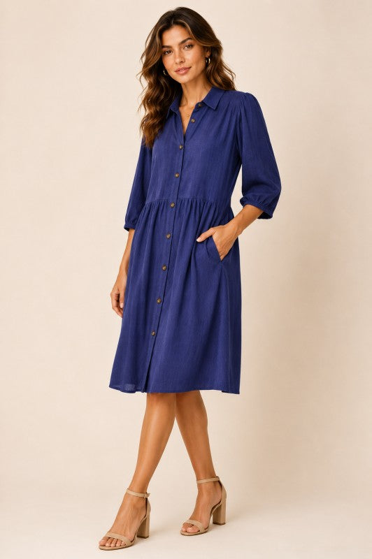 Textured Linen-Blend Button-Down Shirt Dress - Dark Blue