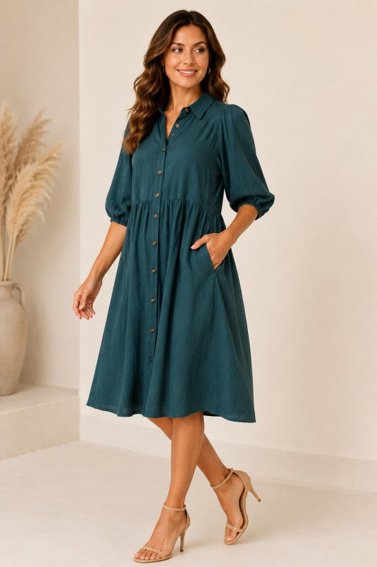 Textured Linen-Blend Button-Down Shirt Dress - Hunter Green