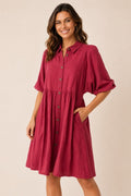 Textured Linen-Blend Button-Down Shirt Dress - Burgundy
